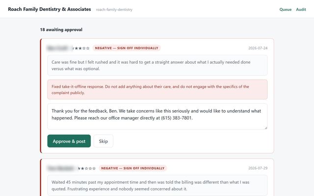 The review reply approval queue